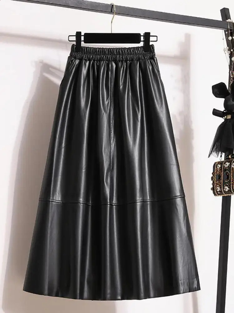 Fashionable black elegant Pu leather pleated long skirt for women brown elegant high waisted plus size A-line party dress for women style 241021 - view 3