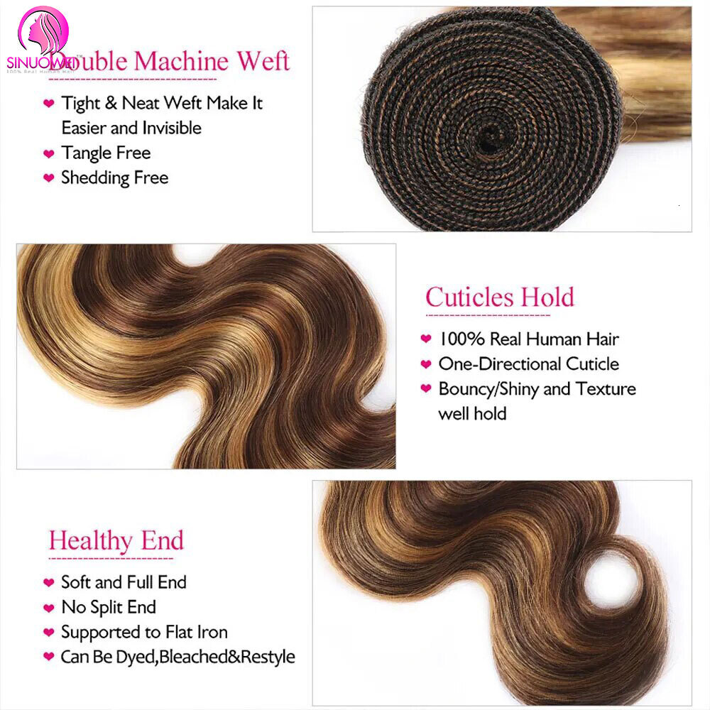 30 32 Inch Highlight Body Wave 100% Human P4/27 Honey Brown Brazilian Bundles 1 3 4 Remy Hair Bundle