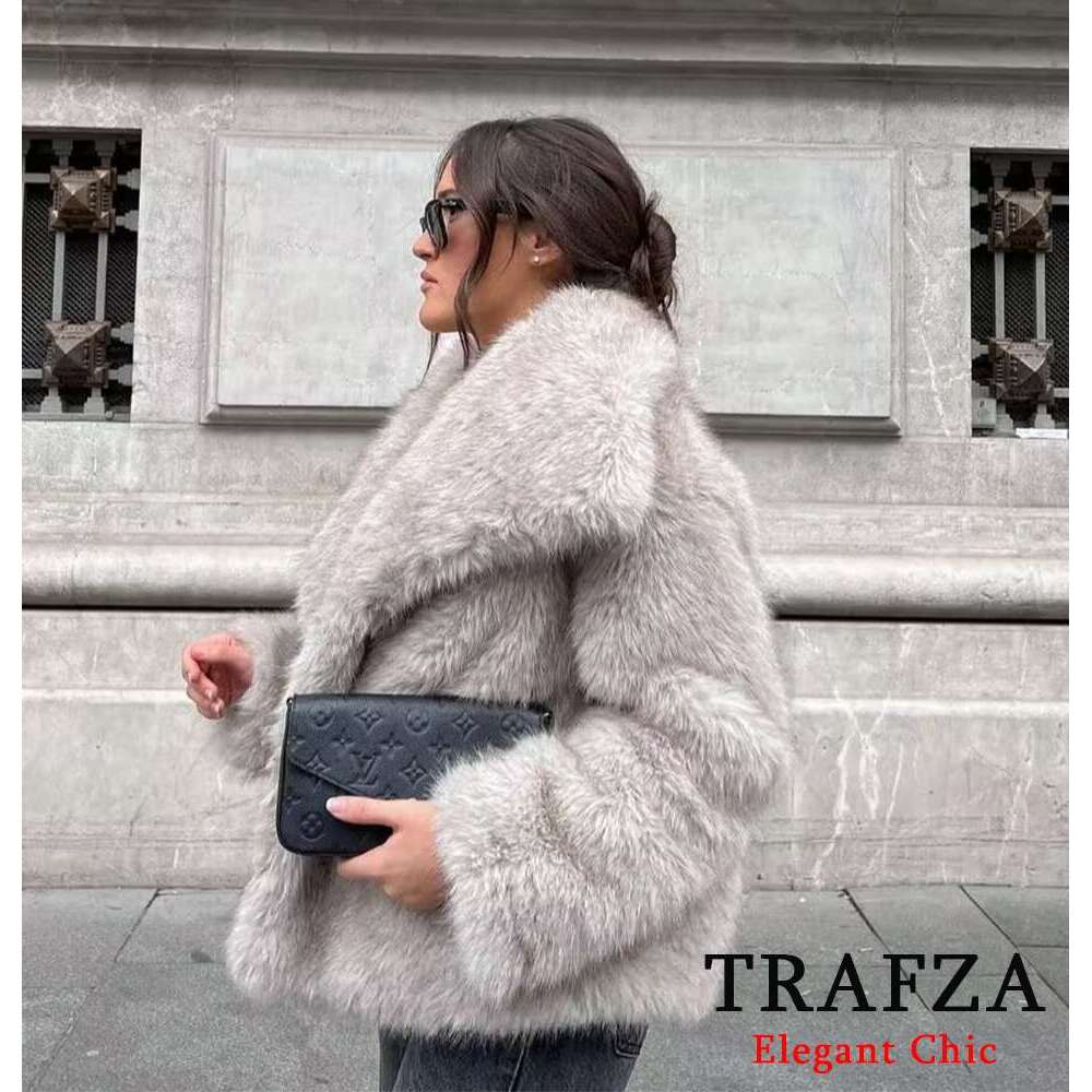 Trafza-Women Ancora Red Solid Faux Fur Jacket Big Lapel New 2024 Autumn Winter Fashion Slouchy Bury Coat