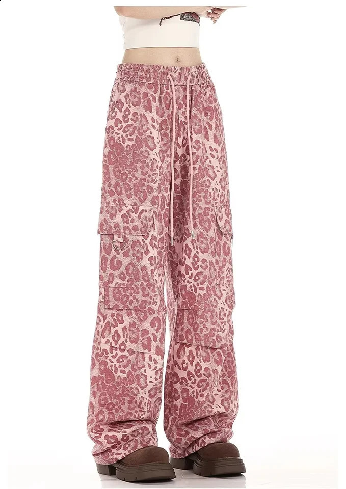 Y2K jeans retro leopard print womens oversized denim strtwear wide leg umbrella pants Harajuku casual exercise cargo tray Z260313