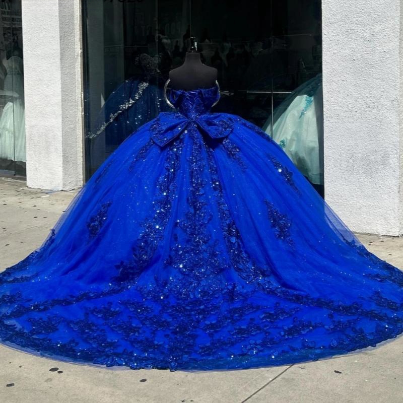 Charming Royal Blue Shiny Princess Quinceanera Dresses Ball Gown Sequins Applique Beading Corset Sweet 16 Dress Vestido De 15 Anos