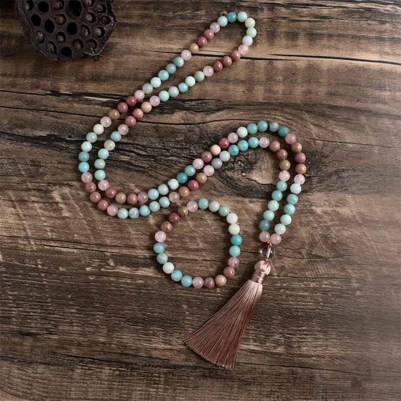 8mm natural ruby and rose quartz tassel necklace with 108 beads Japanese Mara womens jewelry meditation yoga set 241021