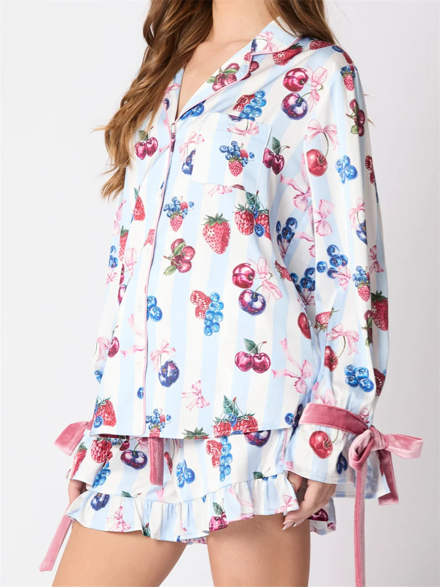 2025 Women 2 Piece Christmas Pajamas Set Bow Tie Long Sleeve Button Shirt Ruffle Shorts Colorful Print Pjs Sets Sleepwear 241022