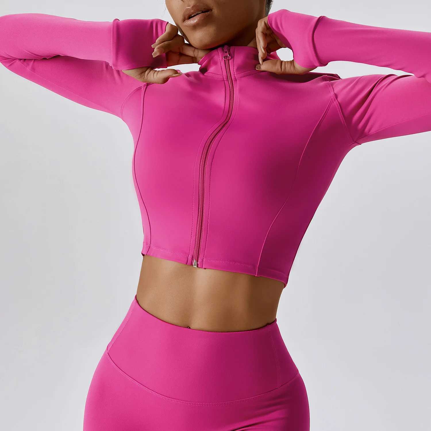 Womens long sleeved top zipper jacket yoga shirt running T-shirt fitness gym sports top training top top W250326