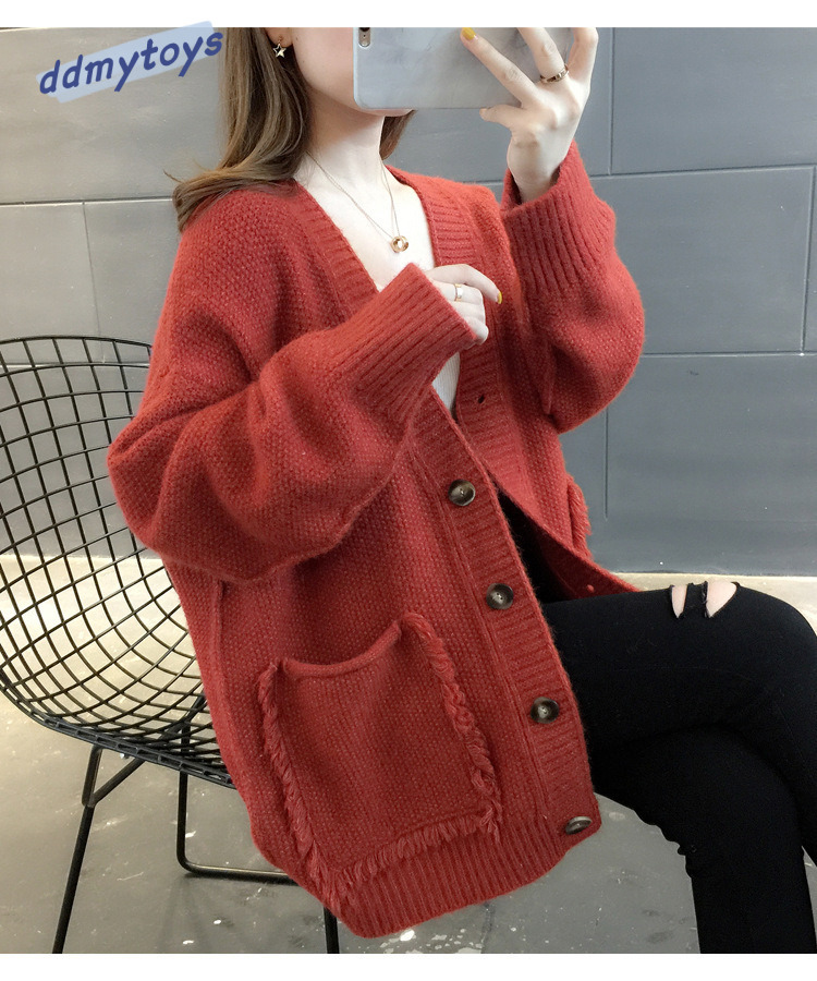 Ddmytoys Autumn New Large Pocket V Neck Japanese Korean College Style Solid Color Loose And Versatile Knitted Cardigan Sweater Jacket F1023#38