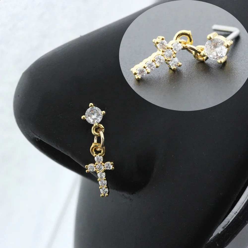 20G Steel Nose Rings for women Cross Piercing Jewelry Body Shiny CZ Dangle L Shape Studs 241021