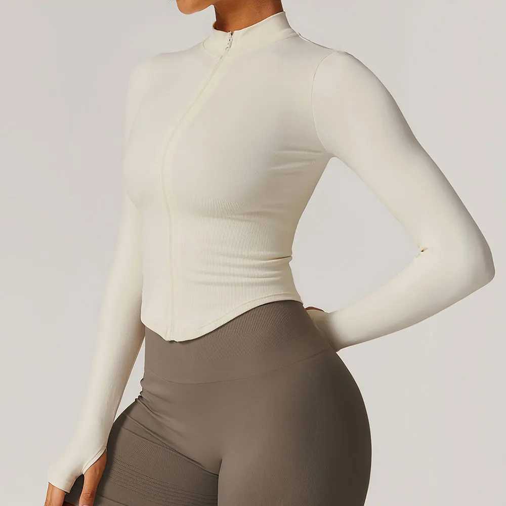 Zipper jacket womens crop top yoga T-shirt solid sports top long sleeved running shirt sexy quick drying fitness gym sportswear W250326
