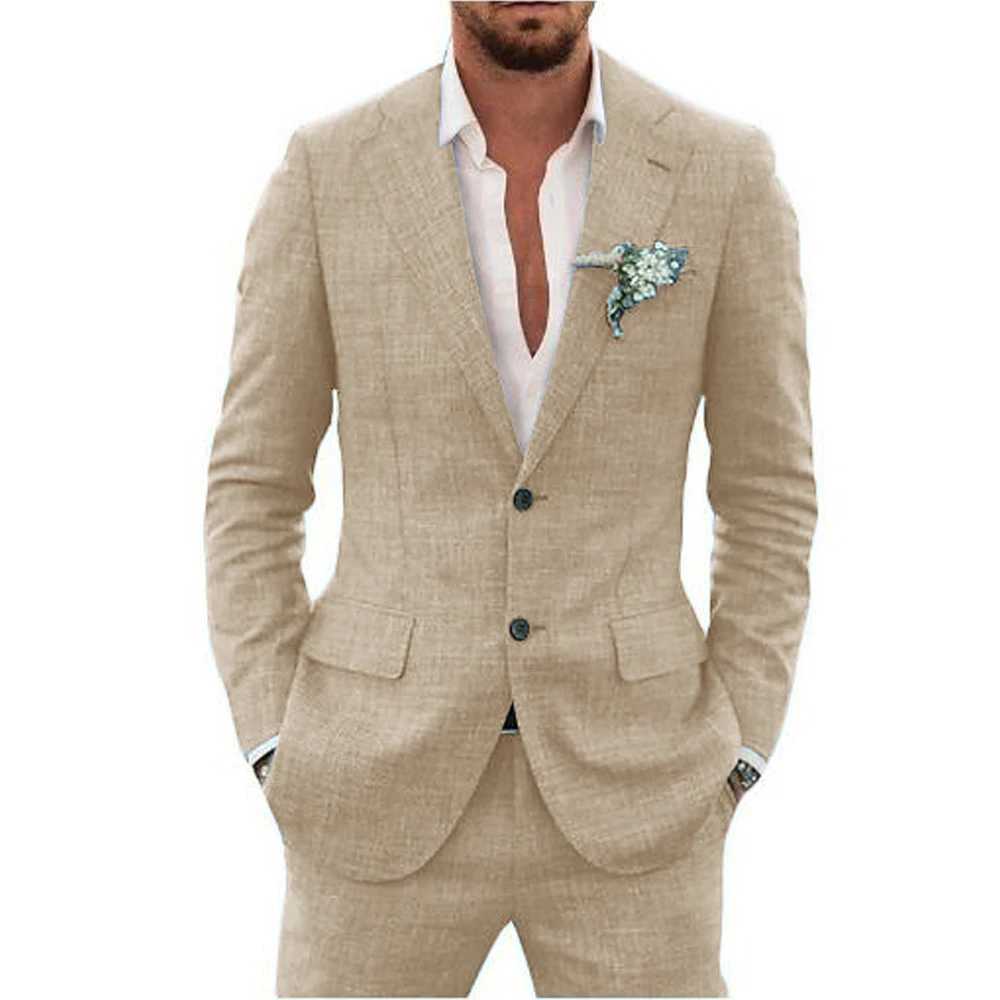 Slub Cotton Linen Suiting Fabric Full Mens Suit Lapel Collar Single-breasted 2 Piece Set Elegant Man Suits High Quality Blazer LX241022
