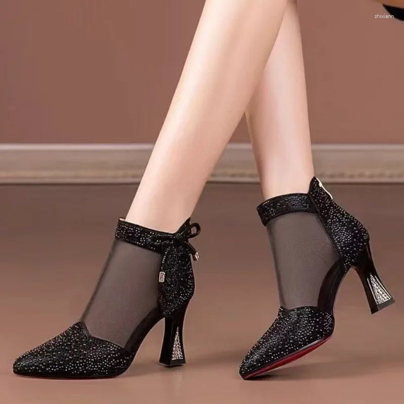 Boots 2024 Fashion Women High Heels Mesh Fabric Ankle Zip Sandals Sexy Pointed Tip Pumps atos De Mujer Golden Sparkg