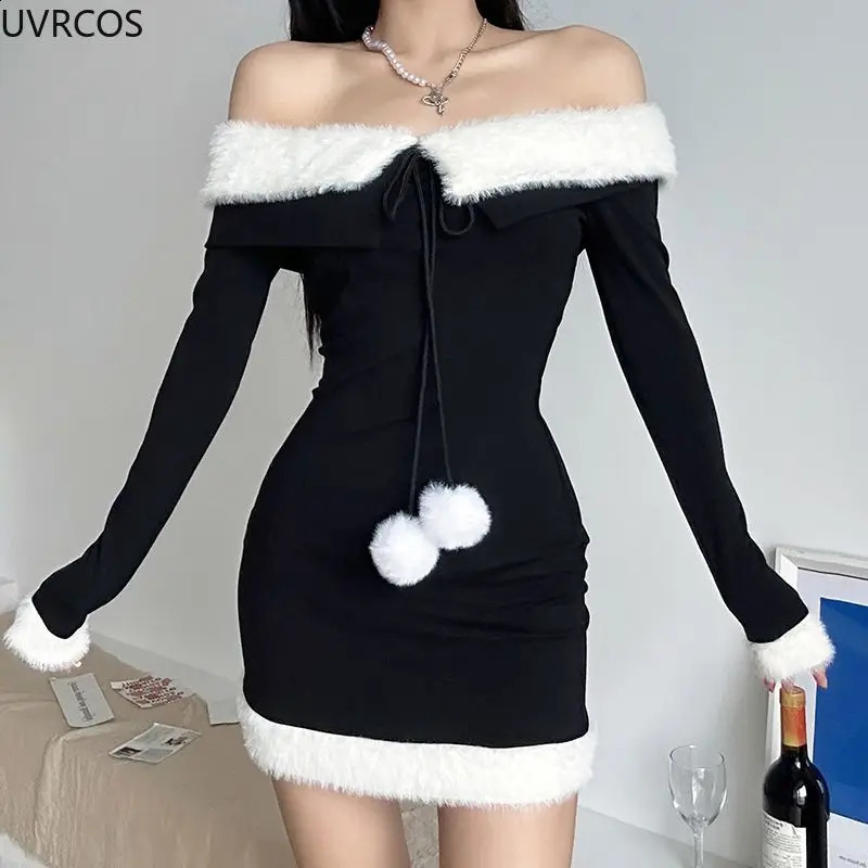 Sexy Red Christmas Dress Womens Winter Y2k Plush Patch Work Shoulder Party Mini Dress Korean Fashion Elegant Tight Dress 241021