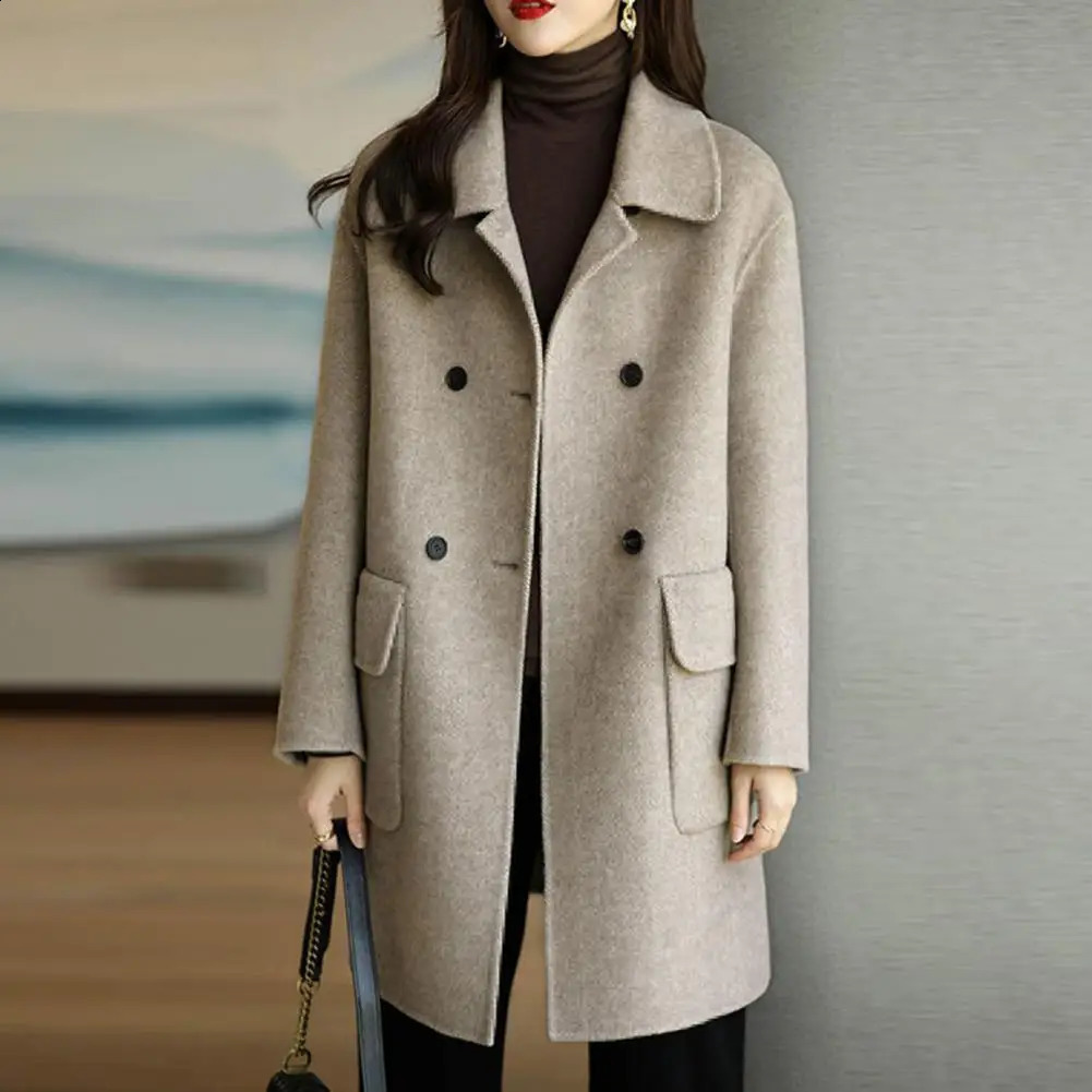 Women Woolen Coat Midlength Thermal Stylish Womens Lapel Double Breasted Flap for Autumnwinter 241021