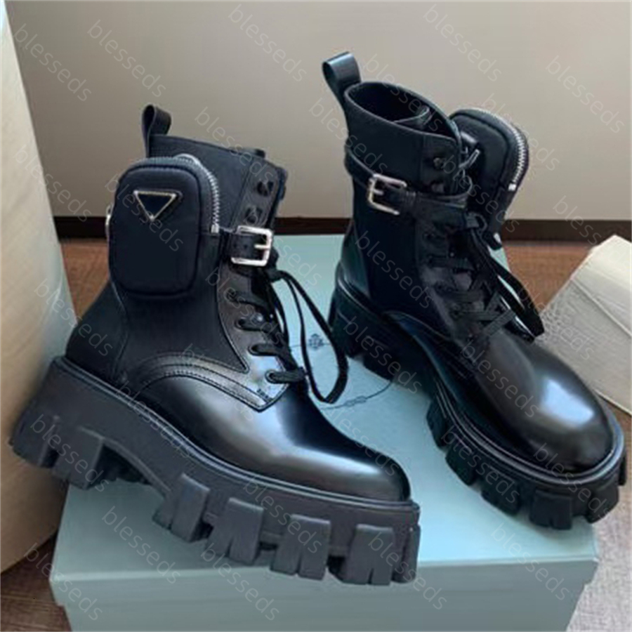 Designer Monolith White Leather Nylon Pouch Ankle Combat Boots platform Wedges Lace-Up Round Toe Block Heels Flat Booties Chunky Luxury Women factory footwear