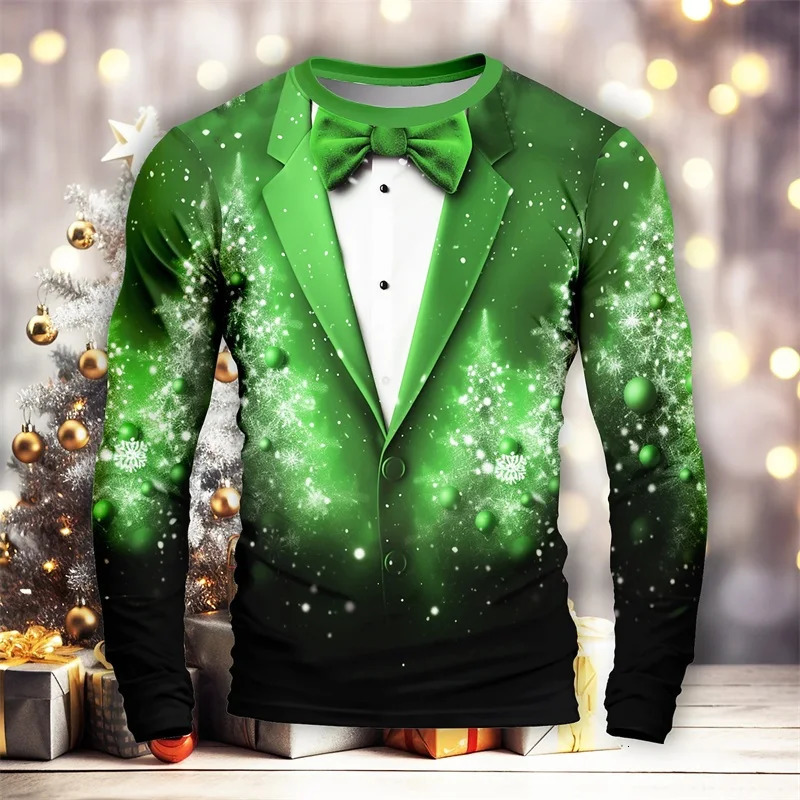 Mens Long Sleeve Tshirts 3D Print Christmas Snowflake Pattern Suit Tee Shirts Tops Streetwear Crew Neck Plus Size T Shirt 241022