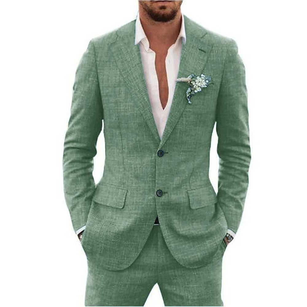Slub Cotton Linen Suiting Fabric Full Mens Suit Lapel Collar Single-breasted 2 Piece Set Elegant Man Suits High Quality Blazer LX241022