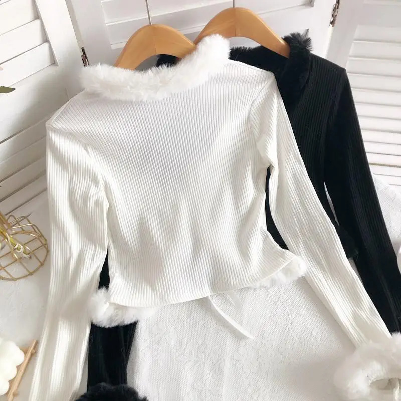 V-neck fur sleeves knitted cardigan top black and white slim fit Y2k Korean fashion jacket lace top sweater womens knitted pull rod womens 241021