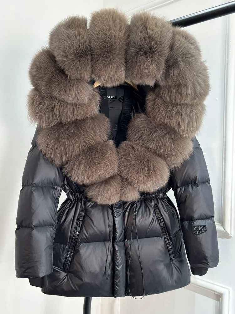 Janveny Glossy Waterproof Puffer Coat Women Winter Real Fox Fur Hooded Female Parkas Shiny 90% Duck Down Jacket Outwear 241022