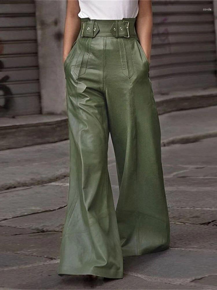 Women's Pants Casual Loose Leather Women High Waist Wide Legs Solid Pocket Pu Trousers Female Autumn Straight Belt Streetwears Lady