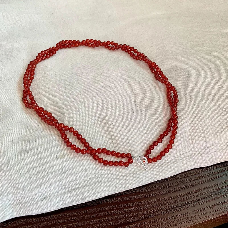 Minar handmade red agate natural stone twisted rope chain double-layer bead necklace womens silver switch buckle necklace 241021