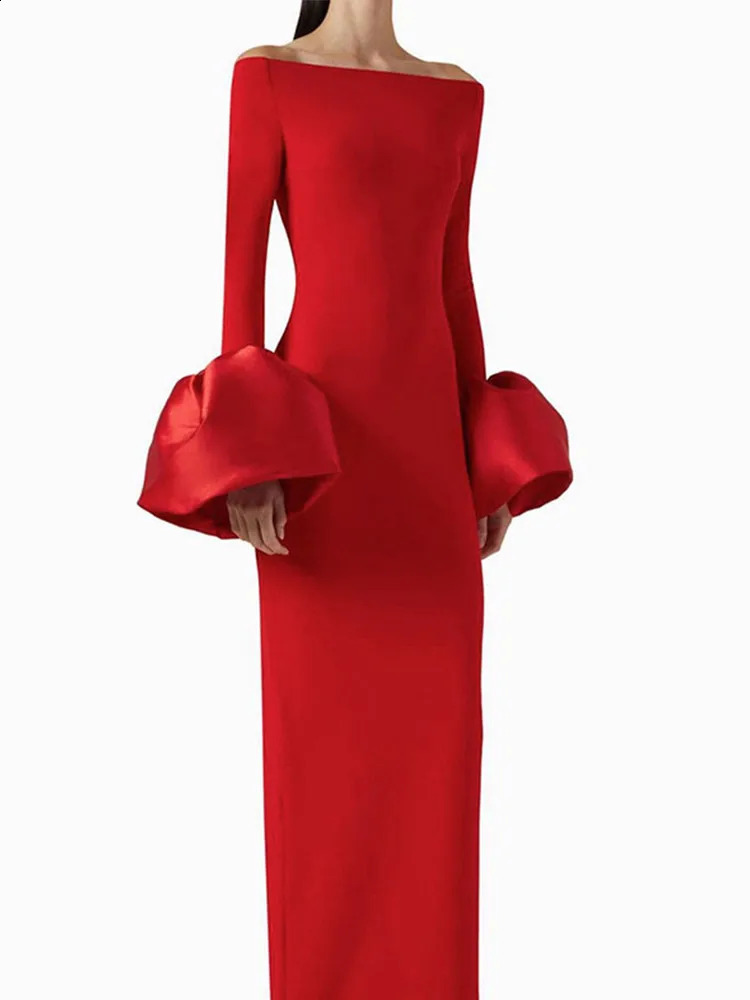Off Shoulder Long Dresses Flower Bud Cuff Slim Fit Elegant Women Dress Long Sleeved Slimming Fashion Party Evening Robes Summer 241021