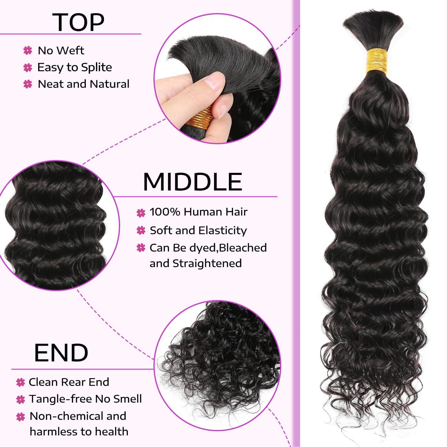 Deep Wave 100% Unprocessed No Weft 18 Inch Curly Bulk Human Hair For Braiding #1B