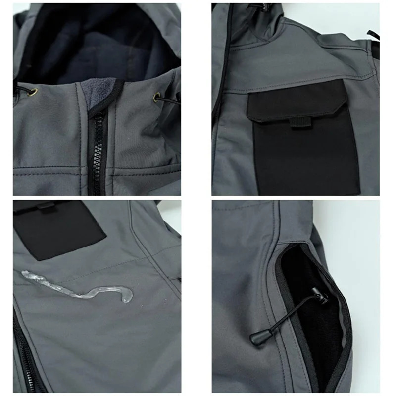 Outdoor tactical suit mens military multi pocket hooded work jacketwindproof and waterproof wool cargo pants winter shark skin set 241022