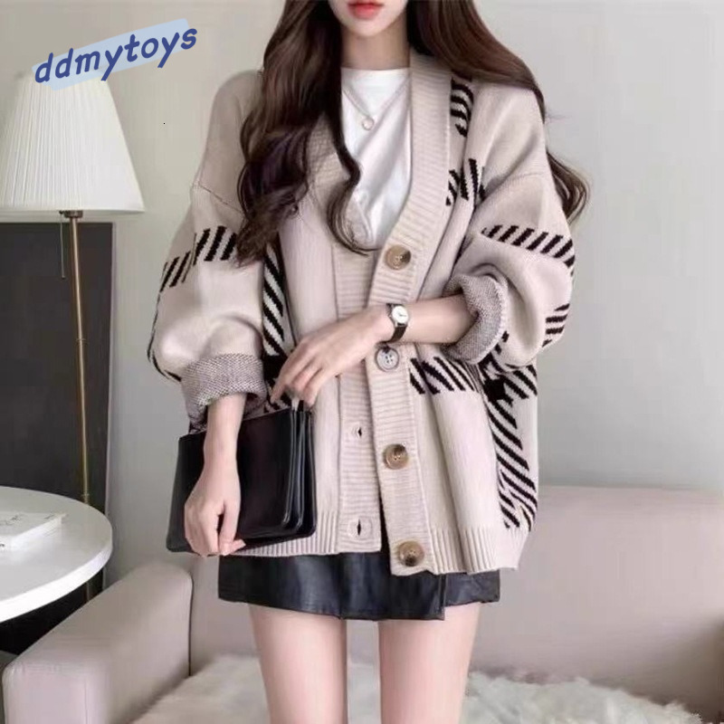 Ddmytoys Korean Version Chic Autumn And Winter Lazy Style V Neck Contrasting Stripe Design Loose Casual Long Sleeved Knitted Sweater F1023#36