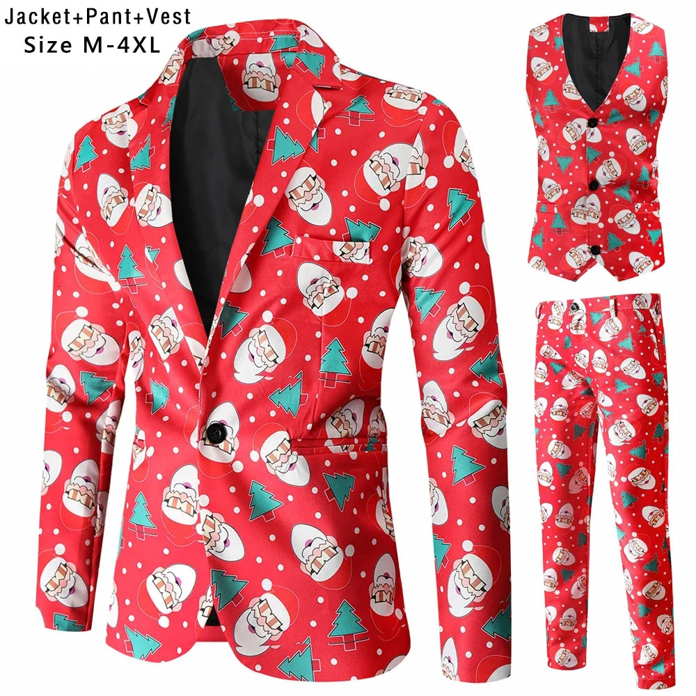 Plus Size 4XL Christmas Men 3 Piece Suits Fashion Sunglasses Santa Claus Printing Mens Sets Blazers Jacket and Trousers Vest 241022 - view 4