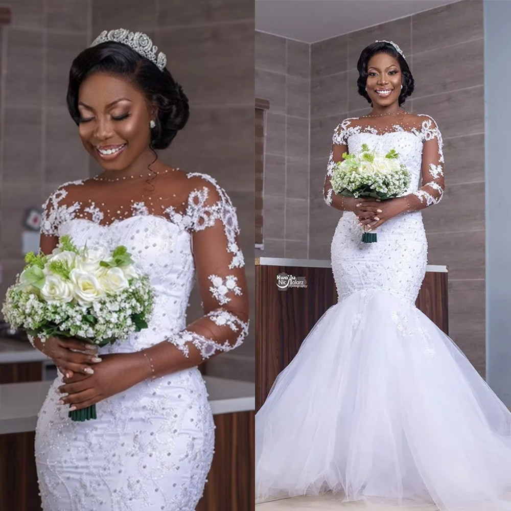 Luxury Beading Mermaid Wedding Dresses Long Sleeve Appliques Pearls African Bridal Gowns Plus Size Black Brides Vestido de Noiva