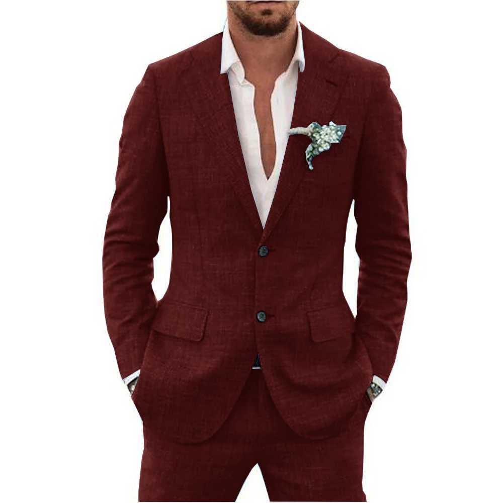 Slub Cotton Linen Suiting Fabric Full Mens Suit Lapel Collar Single-breasted 2 Piece Set Elegant Man Suits High Quality Blazer LX241022