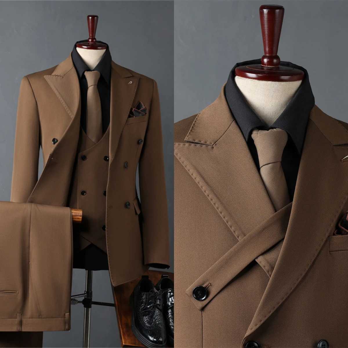 Autumn Three Piece Mens Solid Suit Set Double Breasted Formal Suits Full Sleeves Men Tuxedo Business Outfit LX241022