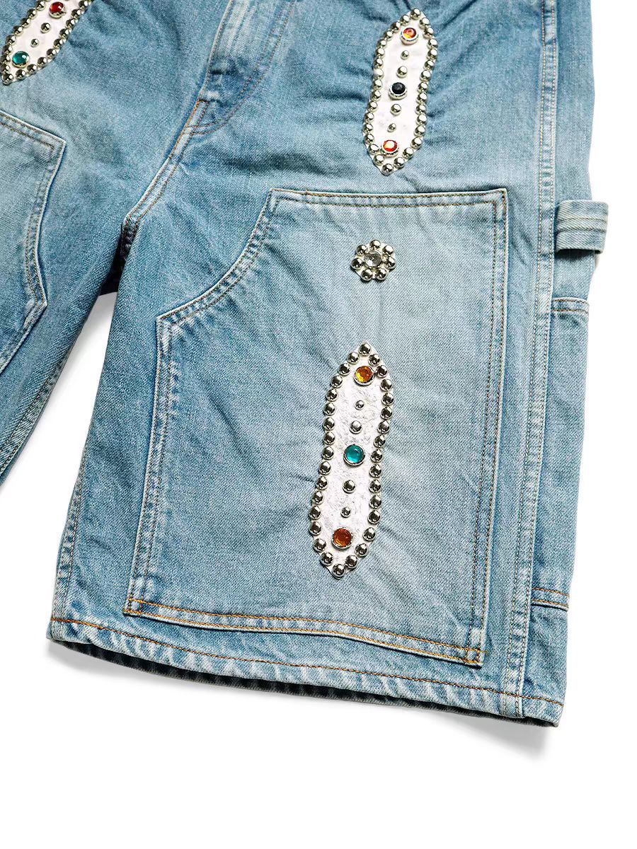 Men's Shorts 22SS KAPITAL Non Hirata Hohiro Beading Loose Relaxed Vintage Rivet Colored Diamond Denim Gem Jean