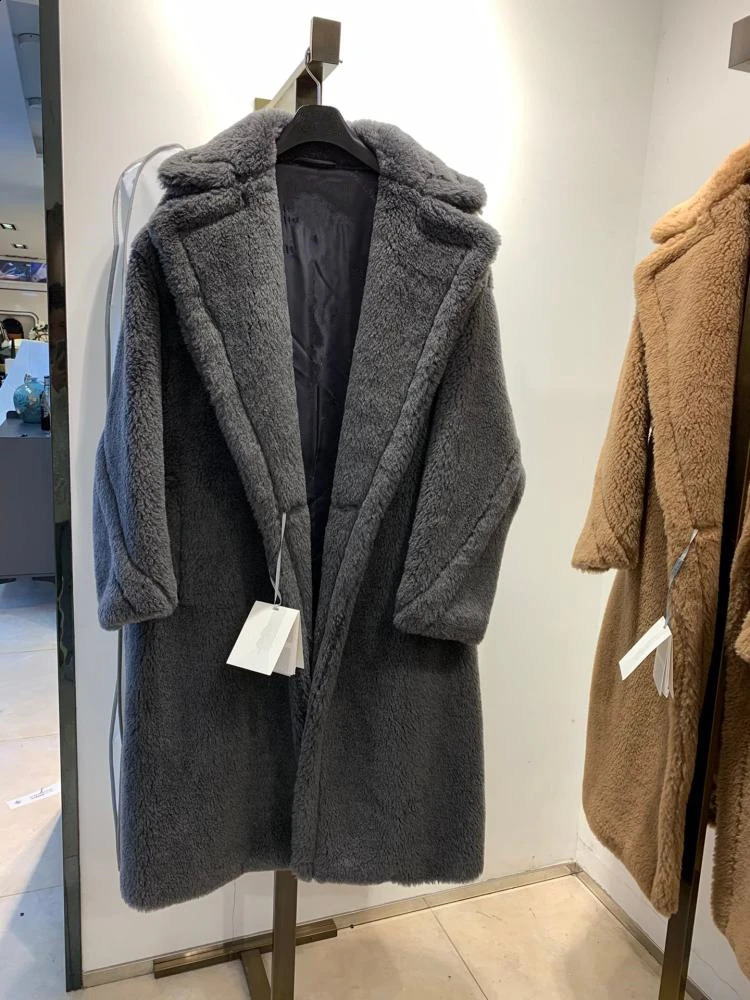 Real Fur Long Coat Winter Jacket Women 100% Wool Woven Fabric Thick Warm Loose Outerwear Oversize Streetwear Teddy 241021