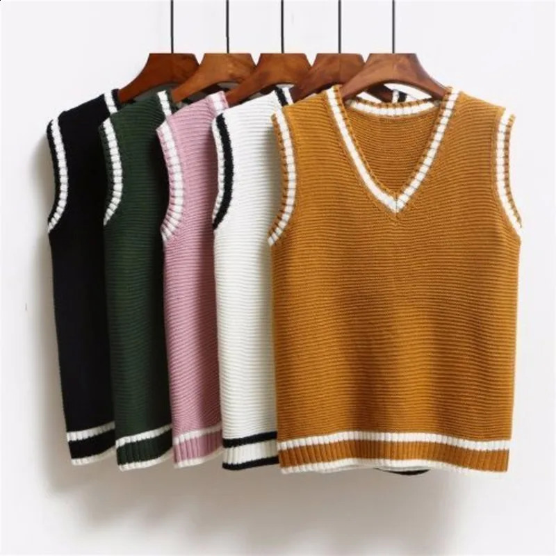 Korean Style Fashion Women Sleeveless Sweater Vest 2024 V Neck Knitted Pullover Female Spring Fall Jumper Top Knitwear Outerwear 241017Z