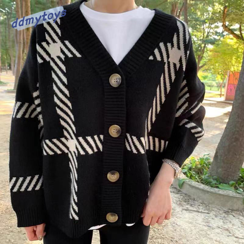 Ddmytoys Korean Version Chic Autumn And Winter Lazy Style V Neck Contrasting Stripe Design Loose Casual Long Sleeved Knitted Sweater F1023#36