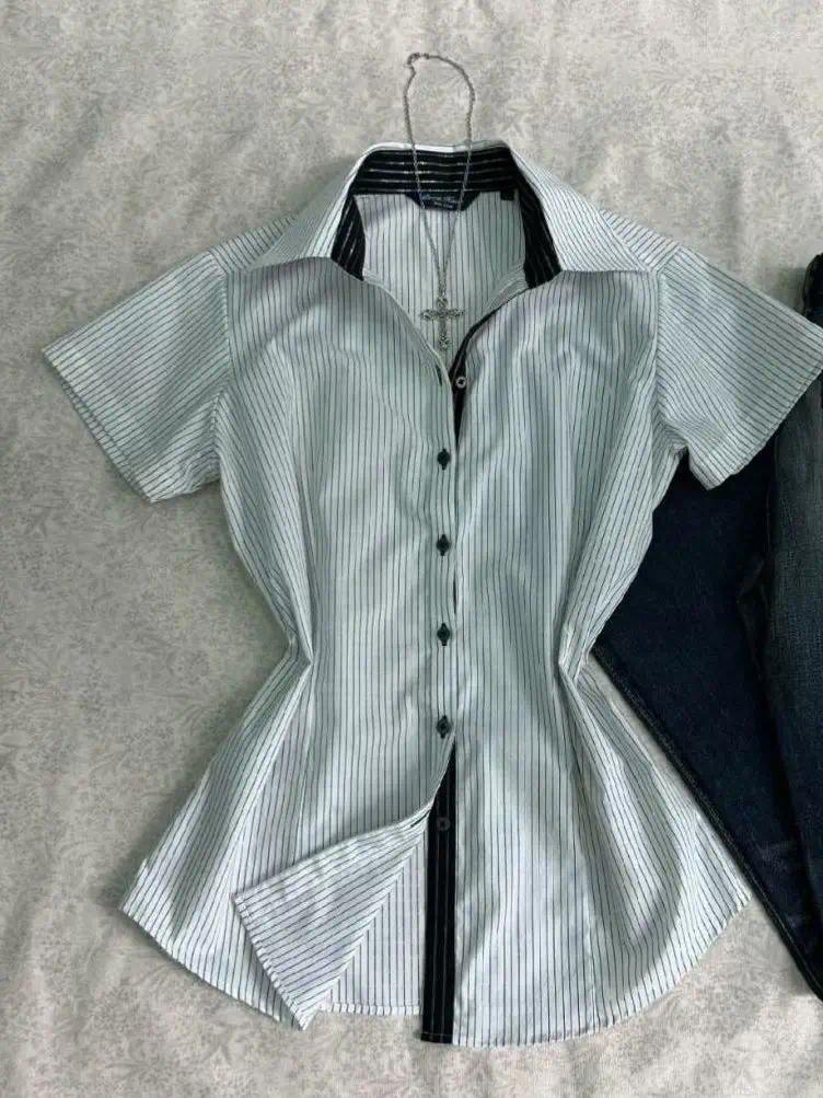 Womens T Shirts Vintage Harajuku Stripe T-shirt 90s Clothes Korean Streetwear Girl Crop Top Grunge Punk Femme Shirt Blusas