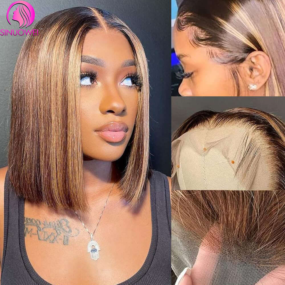 Highlight Colored Human Hair 4x4 Brazilian Wigs 13x4 Front Honey Blonde Bob Lace Closure Wig