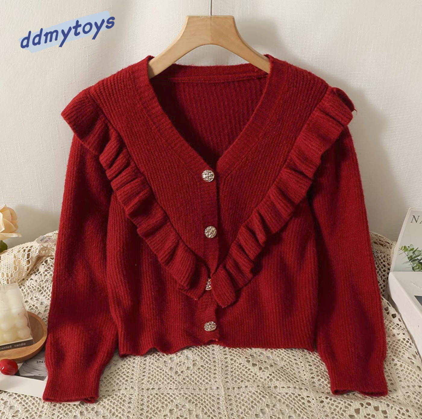 Ddmytoys Autumn And Winter New Design Sense Ruffle Solid Color Sweater Black Fungus Edge Knitted Cardigan Women S Loose Sweater Jacket F1023#45