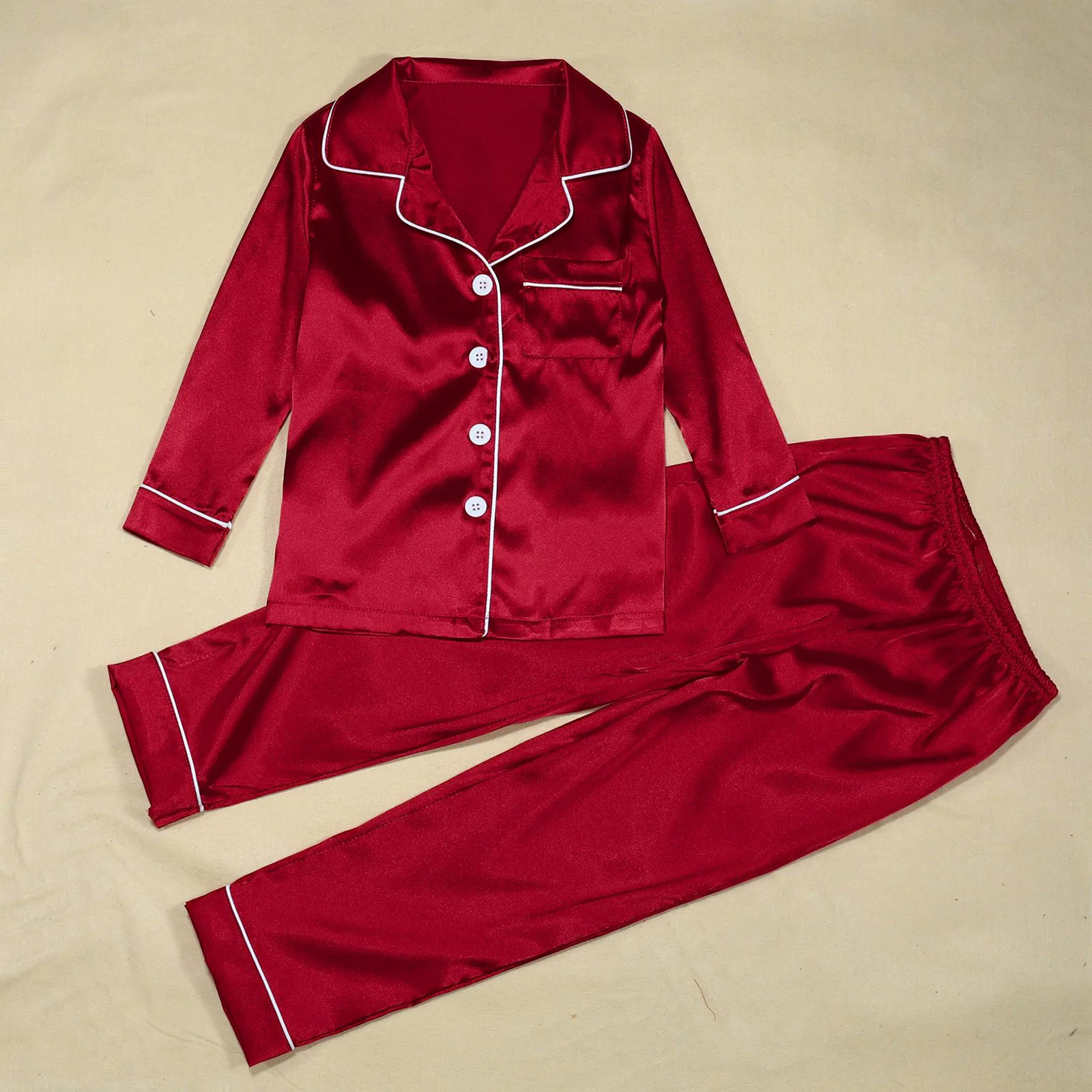 Satin Silk Family Matching Pajama Suits Christmas Sleepwear 2 Piece Set Solid Color Button Lapel Long Sleeve ShirtsCasual Pants 241022