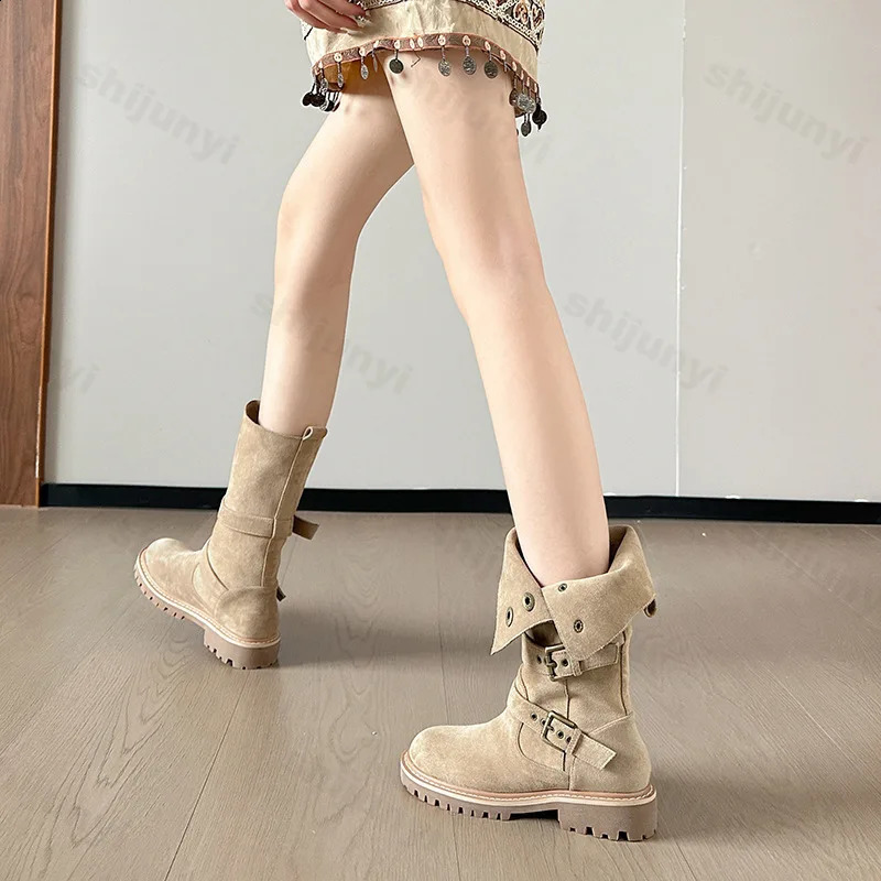 Fashion Buckle Women Suede Leather Handmade Round Toe Spike Heel Boots Autumn Winter Western Mid-Calf Booties 241021