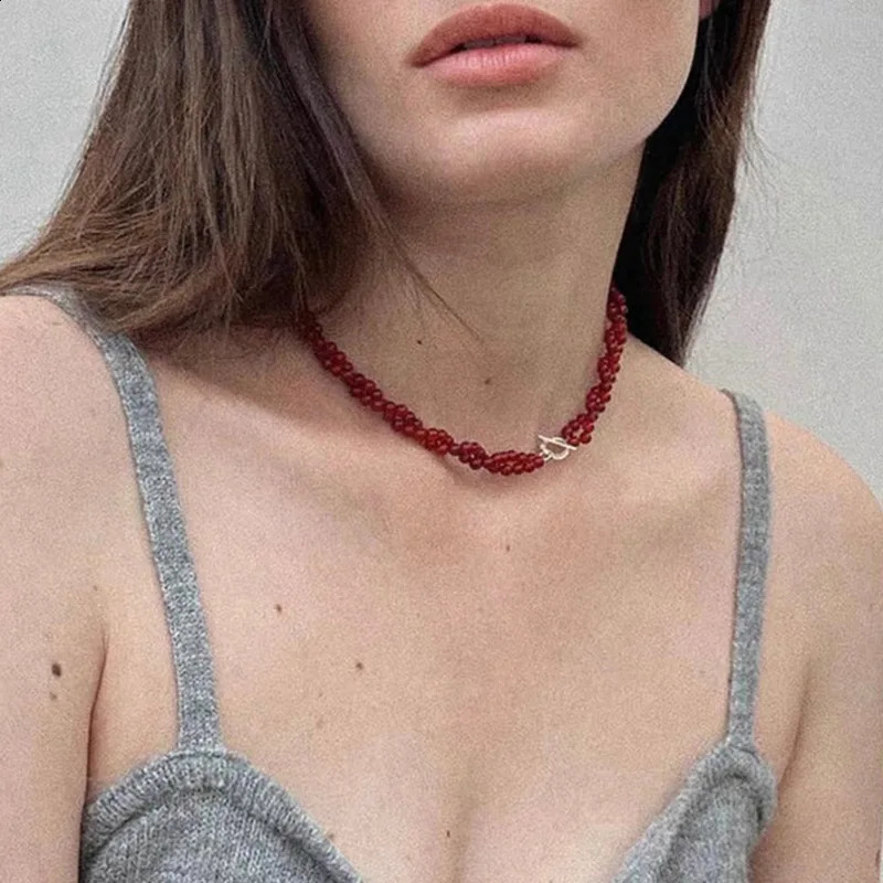 Minar handmade red agate natural stone twisted rope chain double-layer bead necklace womens silver switch buckle necklace 241021