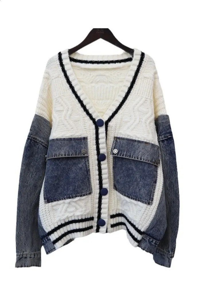 Large fashion style V-neck denim patchwork knitted cardigan loose womens clothing winter autumn item 16O1104 241021