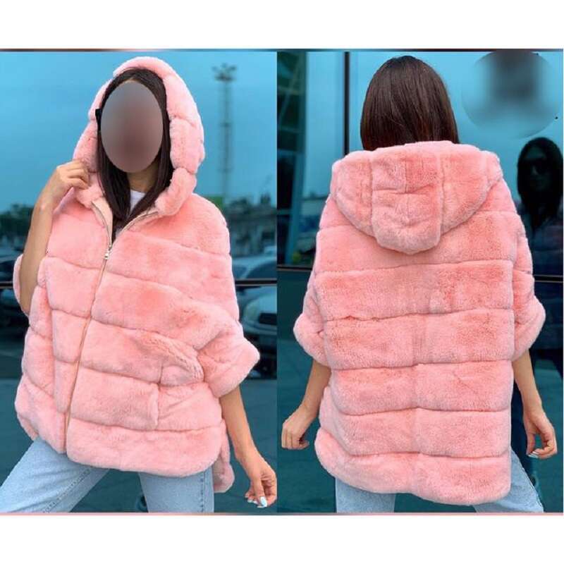 Real Rex Rabbit Fur Coat for Women Jacket with Hood Batwing Sleeve Furry Half Sleeve Casual Loose Zipper Winter Cloth