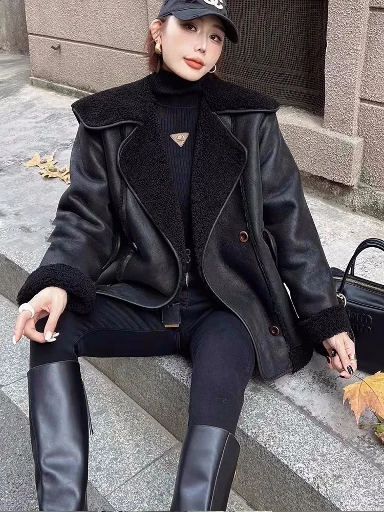 womens fashionable fur coat for winter 2024 featuring a large lapel navy blue collar aged thick long sleeves and a warm jacket 241021