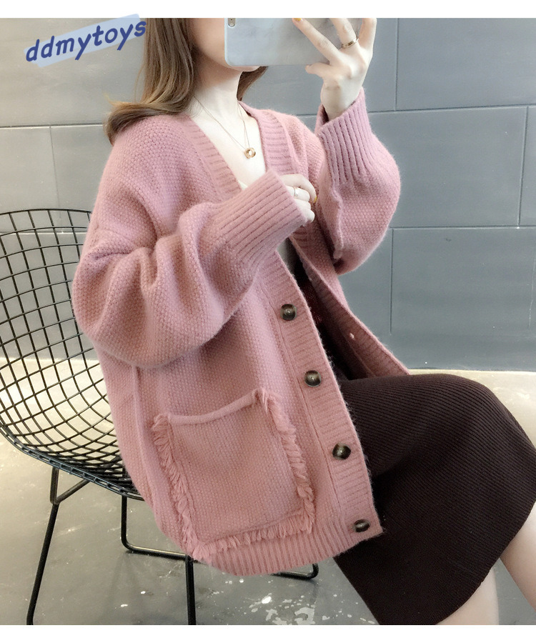 Ddmytoys Autumn New Large Pocket V Neck Japanese Korean College Style Solid Color Loose And Versatile Knitted Cardigan Sweater Jacket F1023#38