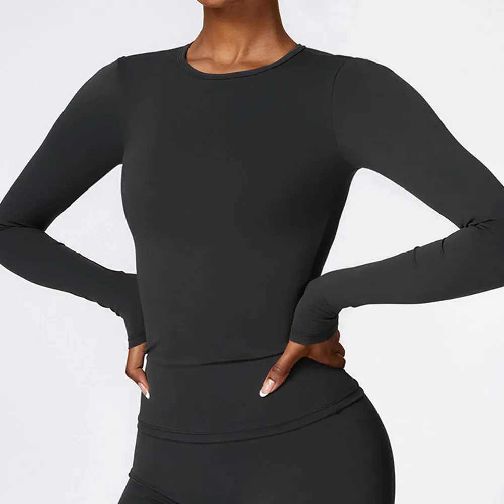 Womens yoga T-shirt solid sports top long sleeved gym workout running shirt sexy exposed navy blue quick drying fitness gym sportswear W250326