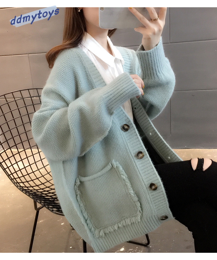 Ddmytoys Autumn New Large Pocket V Neck Japanese Korean College Style Solid Color Loose And Versatile Knitted Cardigan Sweater Jacket F1023#38