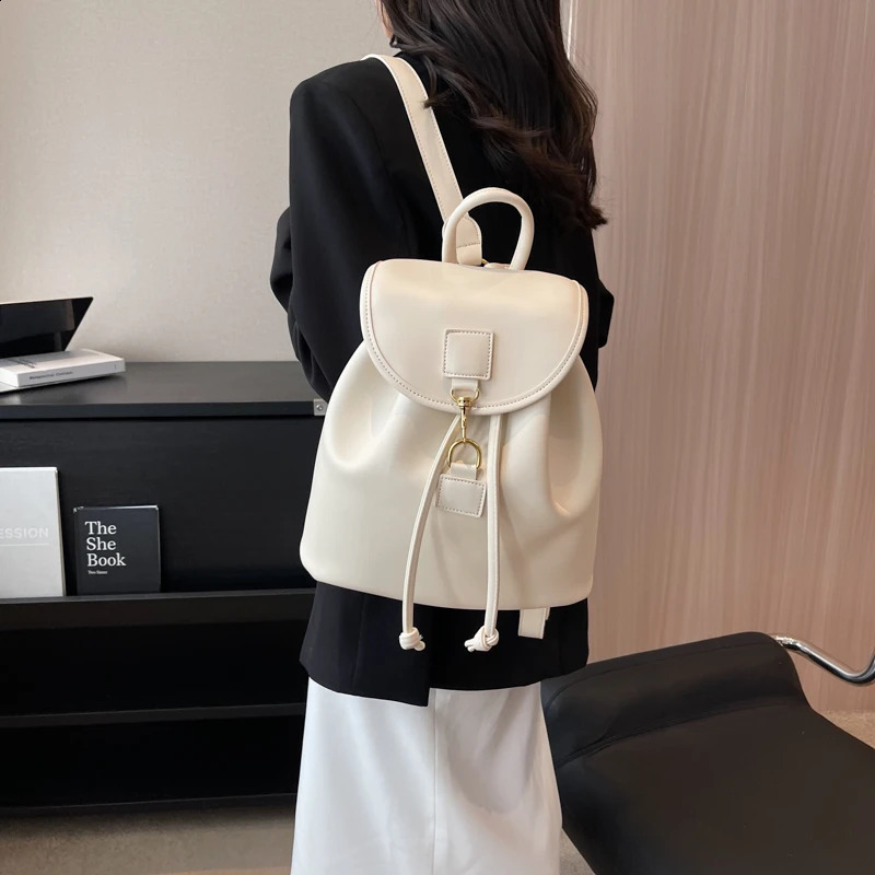 PU leather backpack for women large capacity casual school bag solid drawstring travel shoulder bag Korean fashion backpack 241021