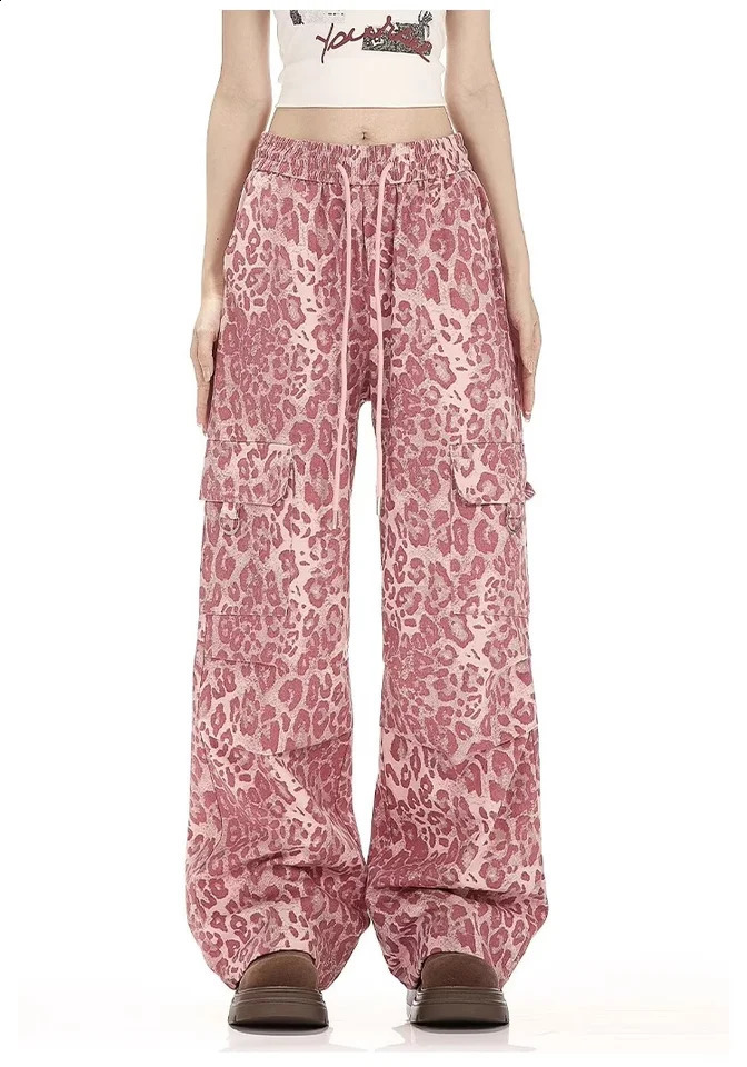 Y2K jeans retro leopard print womens oversized denim strtwear wide leg umbrella pants Harajuku casual exercise cargo tray Z260313