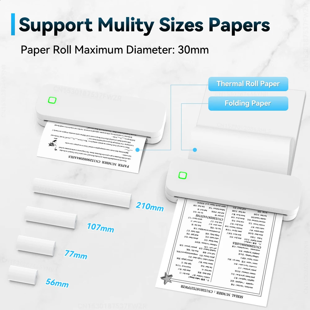 Portable Mini A4 Printer Inkless A4 Thermal Printer Used for Mobile Phone PC Tattoo Transfer Printer or 5PK Thermal Paper Roll 241010