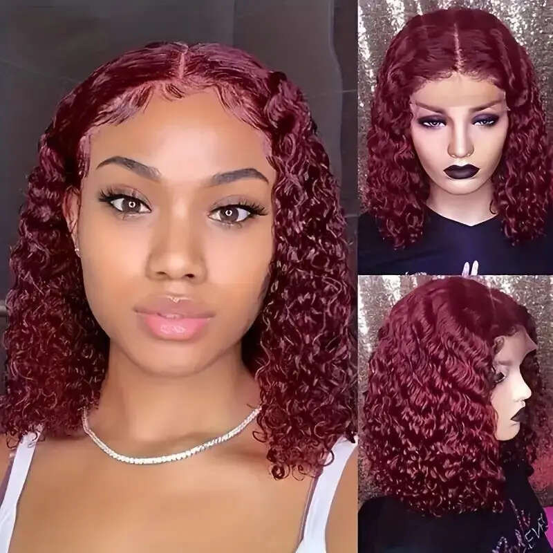 Red Bob 99J Bury Front 13x4 Curly Wigs Lace Human Hair Colored Deep Wave Frontal Wig